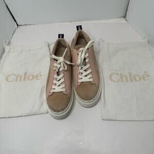 CHLOE PLATFORM Delicate PINK  Leather TAN SUEDE LADIES SNEAKER 40 VGUC
